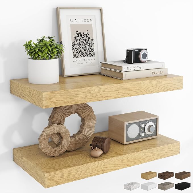 RICHFOCUS 20Inch Floating Shelves for Wall 2 Pack Shelves for Plant|Bedroom|Kitchen|Bathroom Rustic Wood Wall Mounted Shelf with Invisible Brackets for Books|Storage|Decor, Rustic White