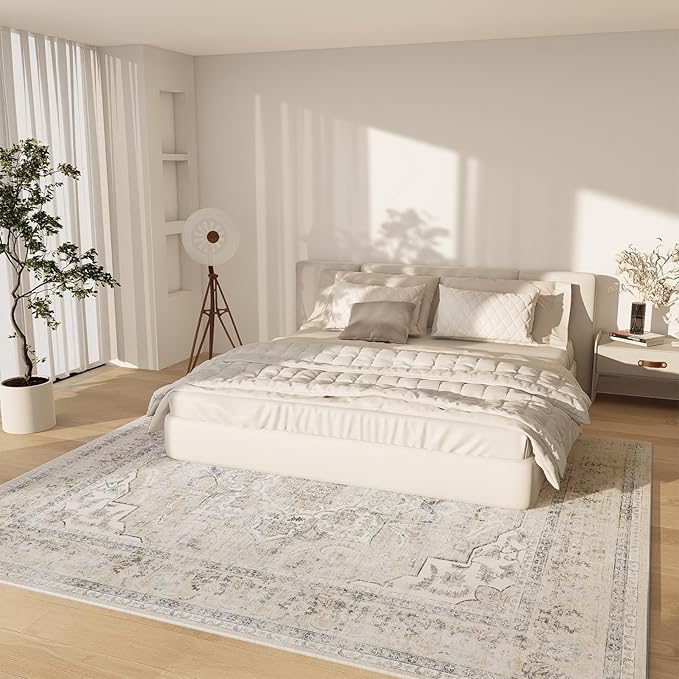 6x9 Area Rugs for Living Room: Washable Bedroom Rug Non Slip Low Pile Soft Faux Wool Non Shedding Distressed Vintage Boho Large Carpet for Dining Room Under Table Nursery Entryway Office Farmhouse