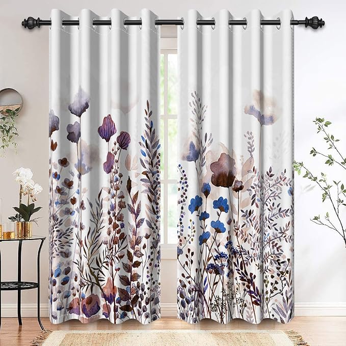 Renaiss Wild Flowers Blackout Curtains, Pastel Botanical Floral Print Thermal Insulated Bedroom Window Curtains, Nature Plants Window Curtains for Kitchen, 55" L x 29" W 2 Panel Set