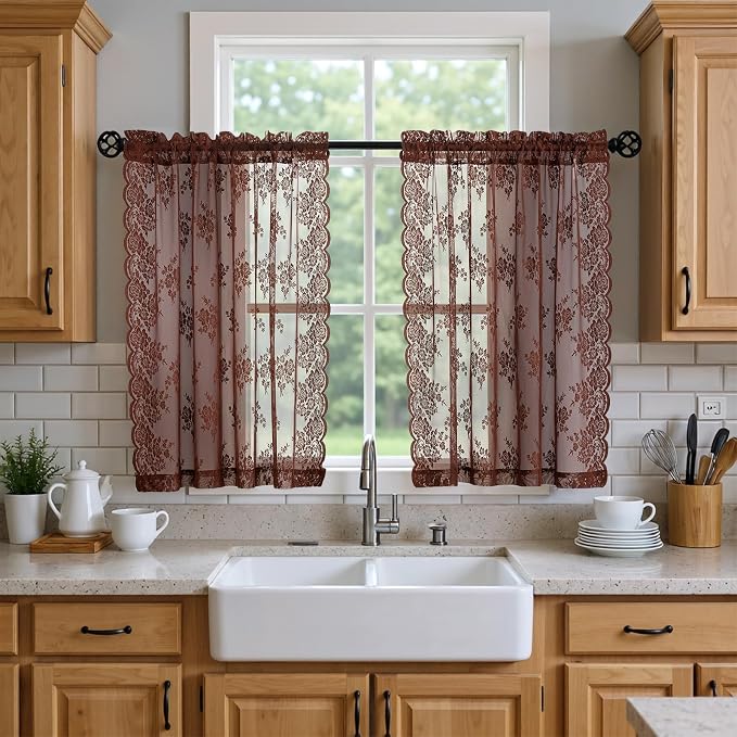 Kotile Warm Brown Sheer Kitchen Curtains 45 Inch Length 2 Panels W42 x L45 in, Dark Brown Vintage Floral Short Lace Curtains for Small Windows, Rod Pocket Privacy Light Filtering Cottage Cafe Curtain