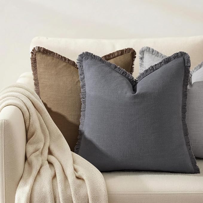decorUhome Linen Fringe Throw Pillow Covers Set of 2 Decorative Dark Grey Pillow Covers with Tassels Soft Accent Boho Farmhouse Pillow Cases for Couch Bed Sofa 18x18 Inch