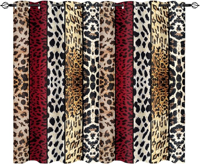 Wild Animal Print Curtain, Room Darkening Thermal Insulated Blackout Leopard Boa Window Drapes with Grommets for Living, Dining, Bedroom, Red Leopard Print, 52"x 72", 2 Panels