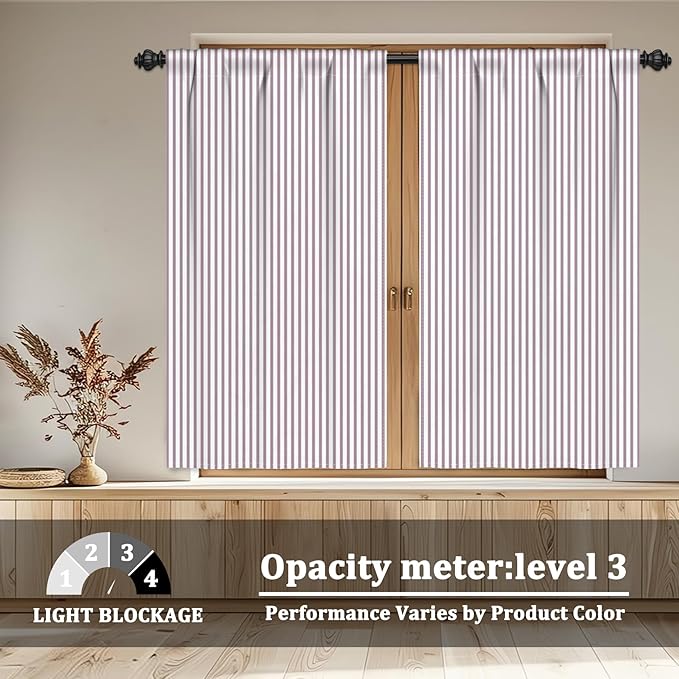 Renaiss 42 x 54 Inch Striped Kitchen Curtains for Windows Short Linen Texture Ticking Stripe Tier Curtains Small for Cafe Bathroom Basement Pinstripe Farmhouse Rod Pocket Window Drapes 2 Panels