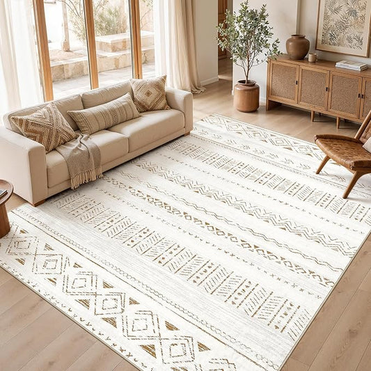 cotiled 10x10 Area Rugs Living Room Rug: Washable Boho Rugs with Non Slip Backing Large Soft Indoor Stain Resistant Carpet for Bedroom Farmhouse Dining Room Lightweight Home Decor L Brown/Cream