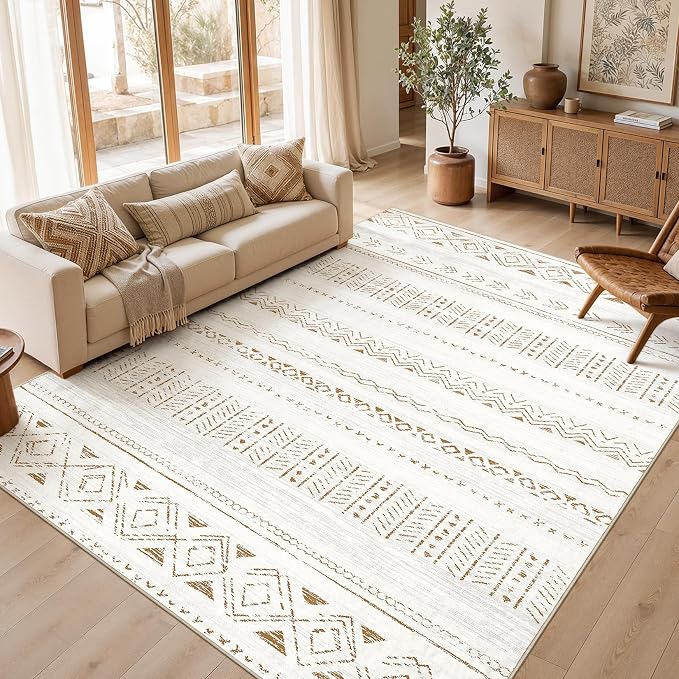 cotiled 7x9 Area Rugs Living Room Rug: Washable Boho Rugs with Non Slip Backing Large Soft Indoor Stain Resistant Carpet for Bedroom Farmhouse Dining Room Lightweight Home Decor L Brown/Cream