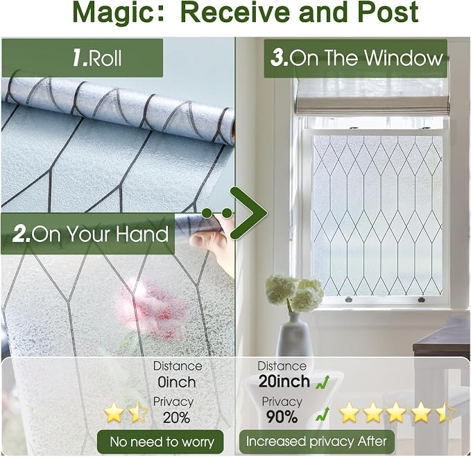 Windimiley Window Privacy Film Stained Glass Static Clings, Bathroom Frosted Leaded Decorative Window Stickers, UV Heat Blocking Opaque Removable for Home Door Coverings (35.4 x 118.1in,Pure)