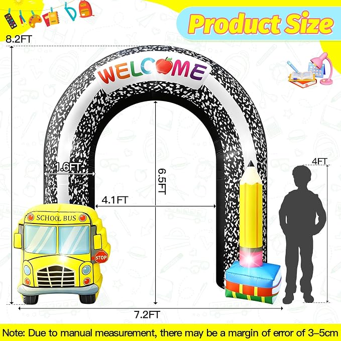 8FT Welcome Back to School Inflatable Arch Outdoor Decorations, Composition Blow Up Arch with Pencil School Bus Built-in 5 LED Lights for First Day of School Party Garden Yard Lawn Photo Backdrop
