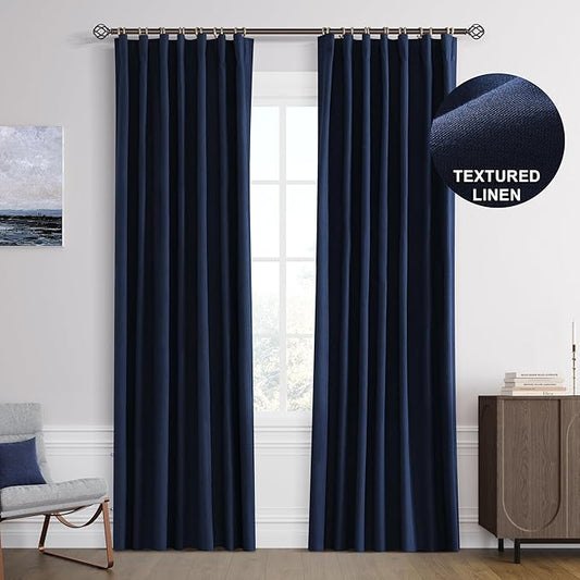 Joywell 100% Blackout Linen Curtains 90 Inch Long for Bedroom Black Out Curtain Light Blocking Drapes for Living Room Window Rod Pocket Back Tab Hook Belt 2 Panels Set,52 x 90,Navy Blue