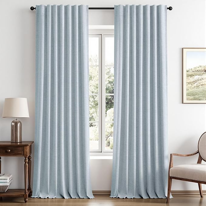 MIULEE 100% Blackout Linen Curtains for Bedroom, Chambray Blue Solid Luxury Decor Thermal Insulation Room Darkening Drapes for Living Room Back Tab Rod Pocket 42 x 96 Inches, 2 Panels