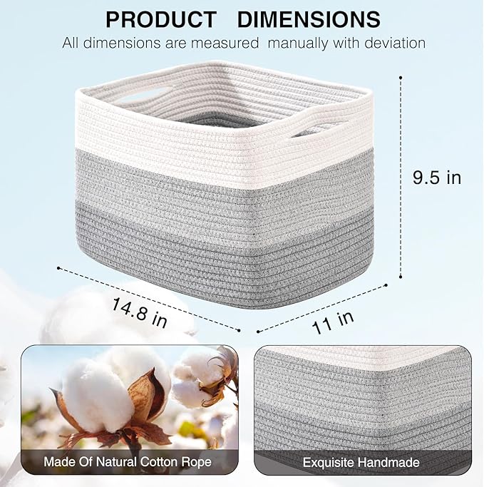 Storage Baskets for Organizing Shelves, Woven Cotton Rope Basket for Storage, Dog Toy Baskets Storage Kids, Book Bins for Living Room Bedroom, 14.8"×11"×9.5", Pack of 3, Gradient Grey