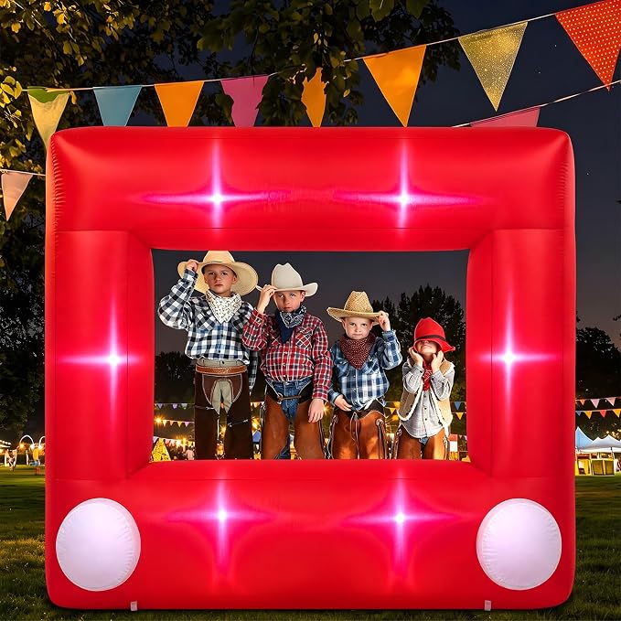 Soulchen 6 x 5 ft Inflatable Cartoon Story Photo Frame Decor with Built in LEDs Lighted and Air Blower, Large Red Blow up Giant Picture Frame for Birthday Photo Props