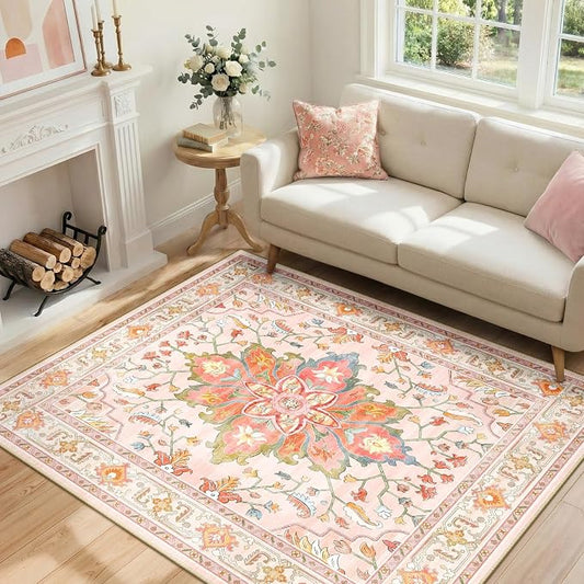 RELEANY Area Rugs 4'x5' Washable Non-Slip, Floral Vintage Distress Medallion Carpet for Living Room Bedroom Dining Room, Light Pink Colorful