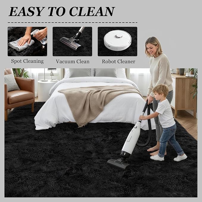 Fluffy Area Rugs 9x12 Living Room Bedroom: Ultra Soft Shag Rug Upgrade Non-Slip Non-Shedding Large Fuzzy Plush Carpet Indoor Floor Carpets for Kids Room Playroom Nursery Dorms Home Decor Black