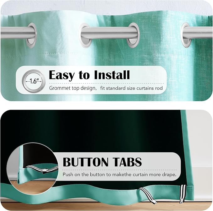 Ombre 100% Blackout Curtains 84 Inches Long 2 Panels for Bedroom Living Room Teal and White Double Layer Sheer Overlay Mix & Match Grommet Thermal Soundproof Drapes with Tiebacks, 52x84