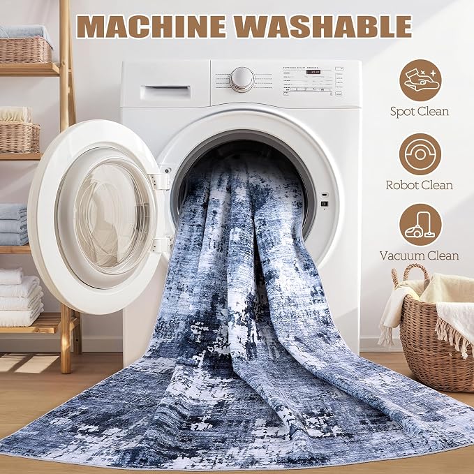 DMOYEST Area Rug Living Room Rugs - 5x7 Washable Large Soft Indoor Neutral Modern Abstract Low Pile Rug Carpet for Bedroom Dining Room Farmhouse Home Office - Navy Blue