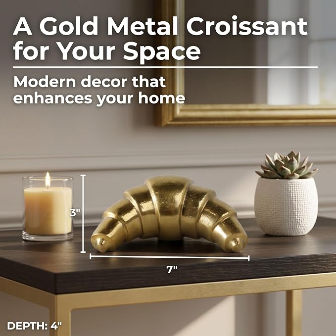 Metal Croissant Sculpture for Home and Living Room Decor - Accent Display for Bathroom, Office Desk, Mantel, and Shelf Decor - Ornament Piece for Coffee Table Decor and Tabletop - 3", Gold