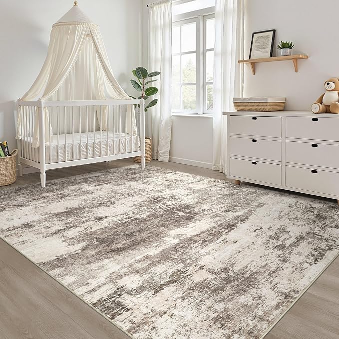 9x12 Area Rugs Living Room: Washable Large Neutral Rug Abstract Soft Modern Stain Resistant Indoor Floor Non-Slip Carpet for Bedroom Nursery Kids Office Playroom Dining Room Under Table- Mocha Brown