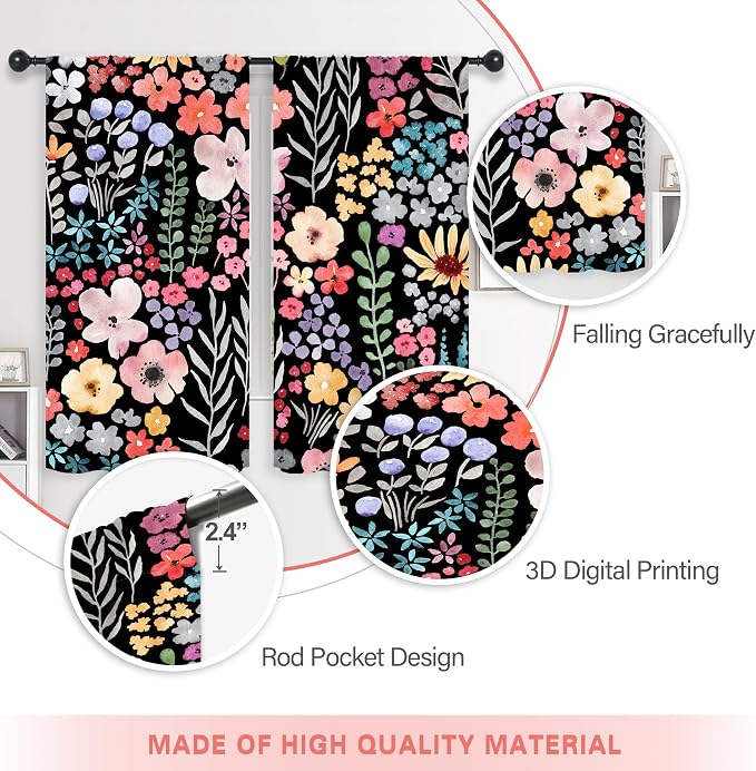 Riyidecor Black Floral Curtains Cute Boho Wildflower Watercolor Flower Blossom Plant Leaves Herbs Rod Pocket Natural Botanical Girls Bedroom Living Room Treatment Fabric 2 Panels 42Wx63H Inch