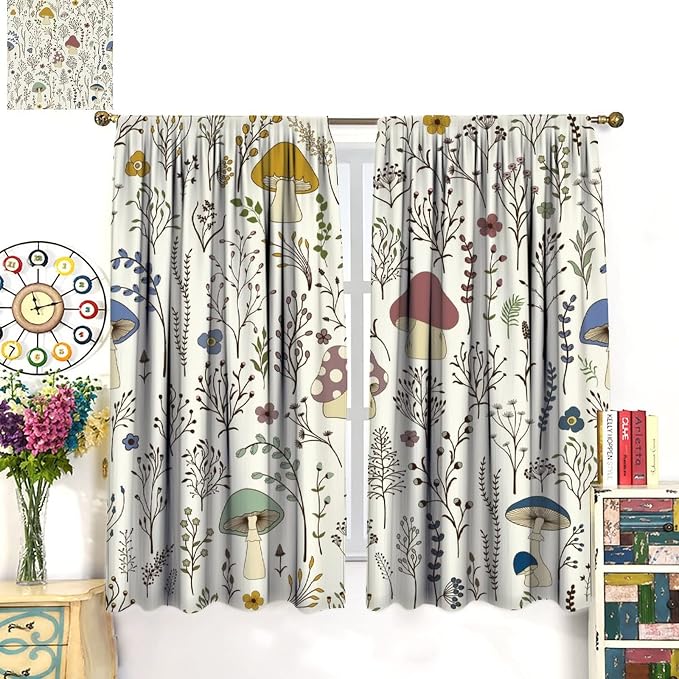 Mushroom Blackout Curtains,Colorful Plant Forest Botanical Print Window Treatments for Bedroom Living Room Kitchen Cartoon Herbs Floral Window Drapes 2 Panels Set,Total Size 42 x 45 Inch
