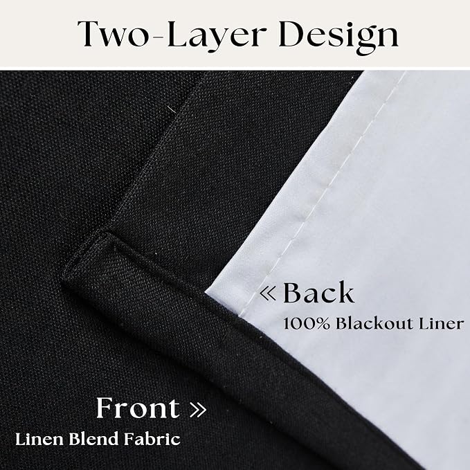 Black Pinch Pleated Linen Blackout Curtains 2 Panels for Living Room Bedroom Thermal Insulated 100% Black Out Linen Drapes with Liner Room Darkening Window Curtains 40x45