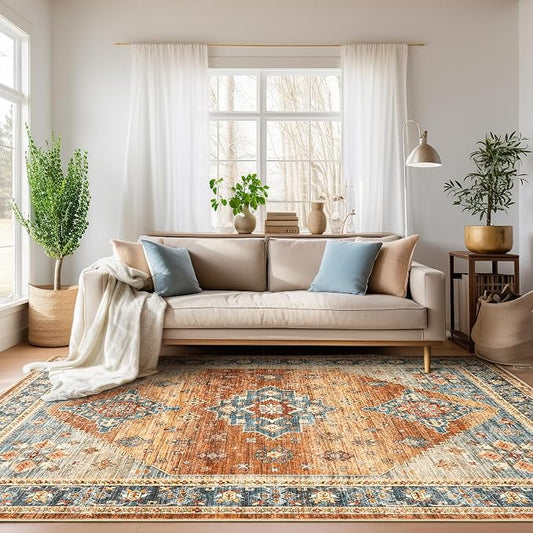 Roxstand Area Rugs 5x7, Low Pile Non-Slip Backing Rugs, Super-Soft Home Decor Washable Rugs 5x7 Under Table, Foldable Floral Vintage Area Rug for Living Room (Navy/Orange, 5'x7')