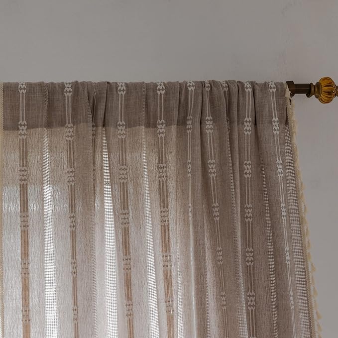 Linen Curtains 63 Inch Length 2 Panels for Living Room Embroidery Khaki Boho Curtains for Bedroom Rustic Farmhouse Tassel Light Filtering Window Curtains Rod Pocket Drapes (52" W x 63" L,Khaki)