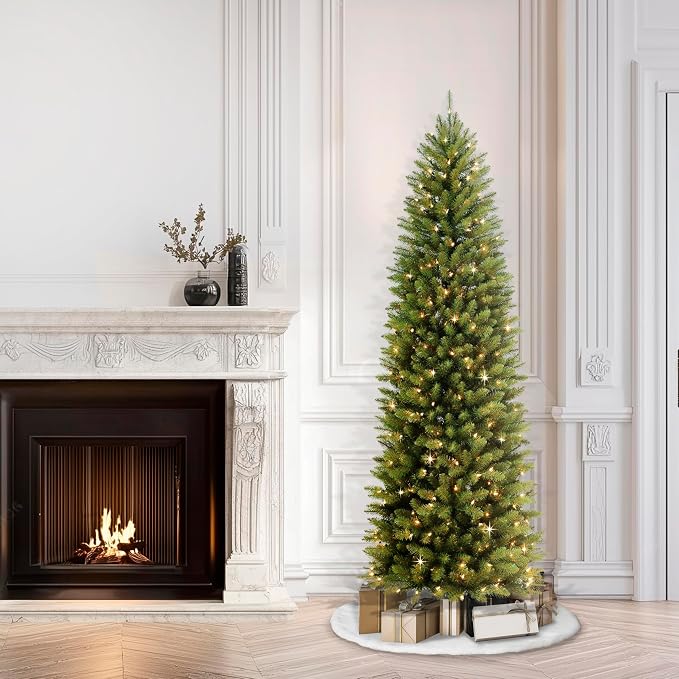 Puleo International 6.5ft Pre-Lit Fraser Fir Pencil Christmas Tree with 250 Clear Lights, 826 Realistic Dense Branch Tips, Easy Setup Artificial Trees with Sturdy Metal Stand
