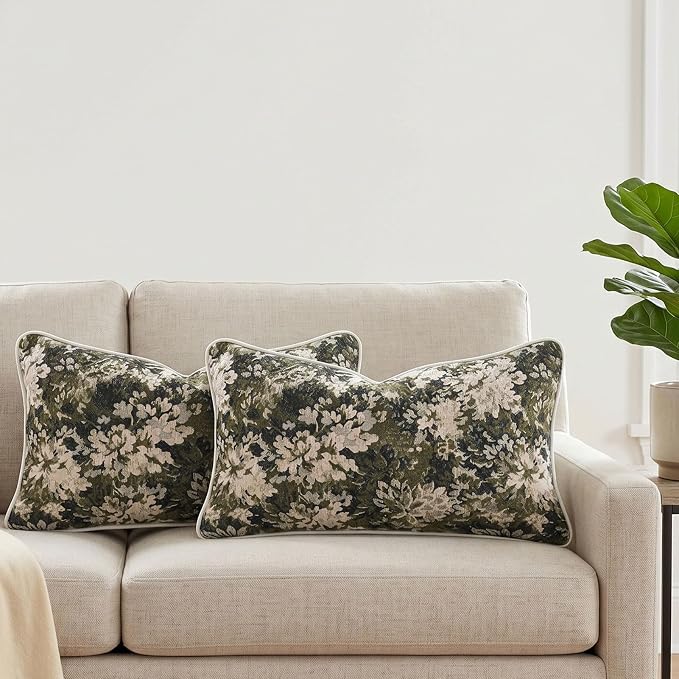 Vintage Floral Throw Pillow Covers 12x20 Inches Set of 2 Lumbar Boho Farmhouse Pillow Cases Premium Chenille Textured Decorative Cushion Covers for Couch Retro Garden Farmhouse Style Olive