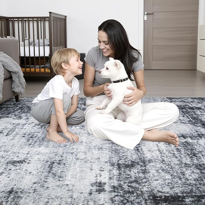 Washable Area Rug 2x3 Entryway Rug: Washable Modern Abstract Soft Thin Rug Indoor Floor No Slip Stain Resistant Carpet for Bedroom Dining Room Farmhouse Nursery Home Office - Dark Black