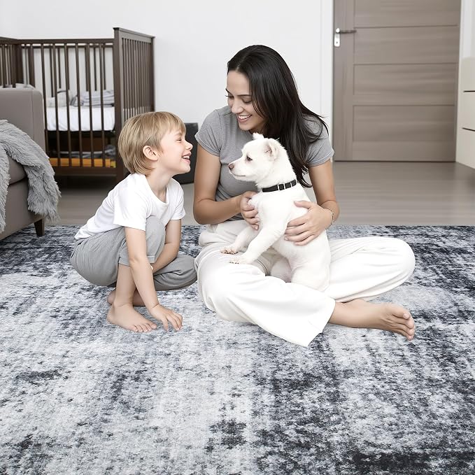 2'x5'Runner Rug Washable Rug: Modern Abstract Soft Thin Runner Rug Dark Black