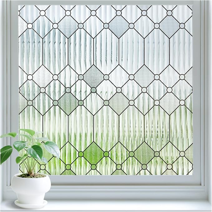 SUNBABY Reeded Glass Window Privacy Film, Decorative Frosted Glass Window Film for Bathroom & Front Door, 3D Static Cling Window Coverings Day and Night Privacy Sun Heat Blocking (23.6 x 157.4 Inch)
