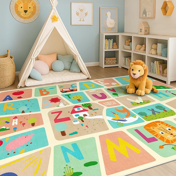 5x7 ABC Alphabet Rug for Preschool Kids – Educational Learning Rug for Toddlers, Washable Classroom or Playroom Carpet, Soft & Safe Floor Decor with Fun Letters and Whimsical Art Décor