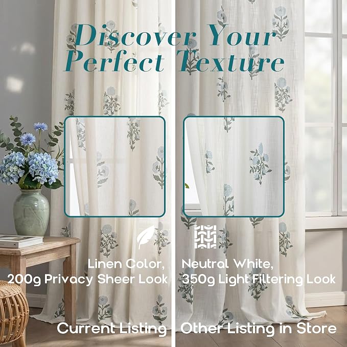 Blue Green Floral Linen Farmhouse Curtains, 84 Inch French Country Cottage Core Light Filtering Pinch Pleated Drapes, Vintage Block Print Pattern Sheer Panel for Living Room Bedroom Sliding Glass Door
