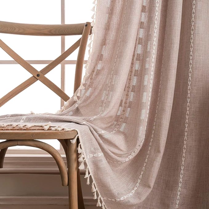 Deeprove Boho Curtain 96 inches Long for Living Room Bedroom Nursery, Breathable Coffee Linen Sheer 96 inches Length Tassel Stripe Embroidery Privacy Window Treatment W52 x L96, 1 Panel Natural