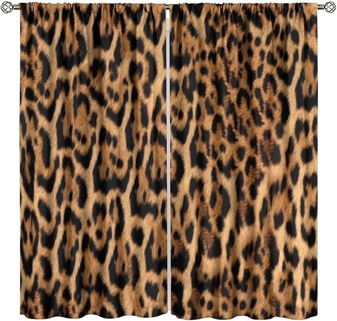 Leopard Print Blackout Curtain, Wild Animal Skin Black Brown Fur Leopard Print Curtains Rod Pocket Window Treatments 2 Panels Drapes for Dining Room Office Kitchen Bedroom Decor 84" W X 84" L