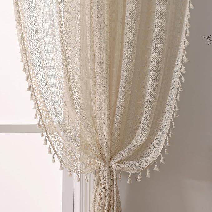 WAZZIO Boho Lace Curtains 90 Inches 2 Panel,Light Filtering Privacy Tassel & Geometry Crochet Semi Sheer Curtain Drapes for Bedroom Living Dining Room,Rod Pocket & Tassel,Vintage Farmhouse Decor,Beige