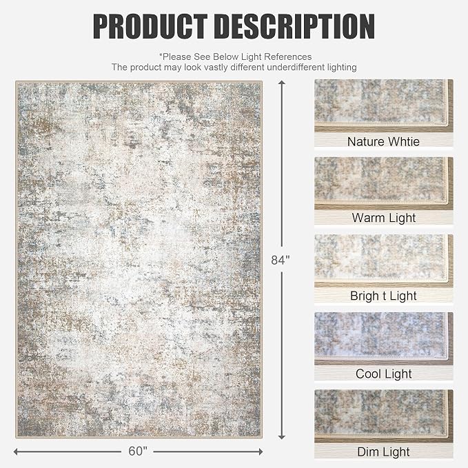 5x7 Area Rug Living Room Rug: Washable Modern Abstract Soft Thin Rug Indoor Floor No Slip Stain Resistant Carpet for Bedroom Dining Room Farmhouse Nursery Home Office - Brown Grey