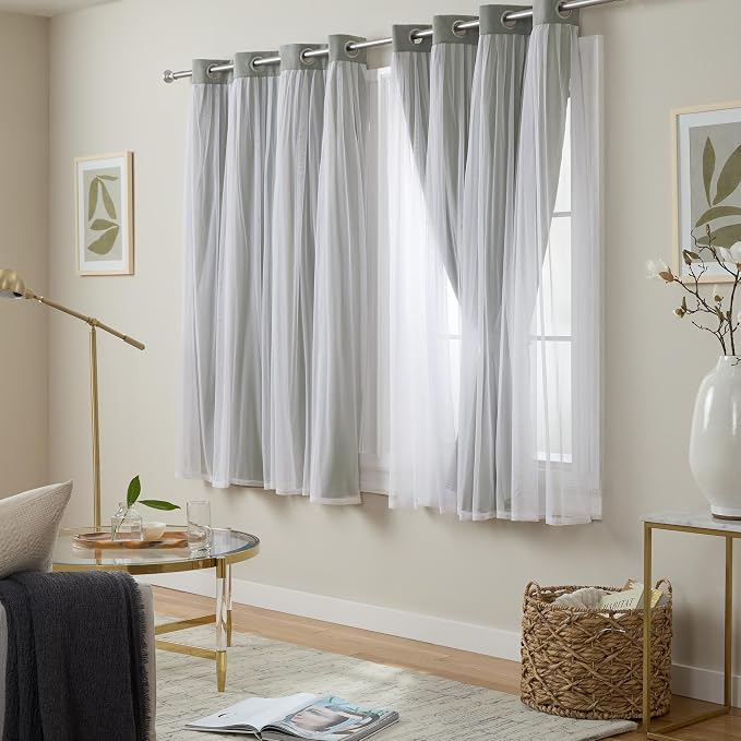 TOWN & COUNTRY LUXE Talia Double Layer Indoor Curtains, Sheer and Room Darkening Blackout, Grommet Top, Energy Efficient, 2-Pack Set, 52x 63, Soft Grey
