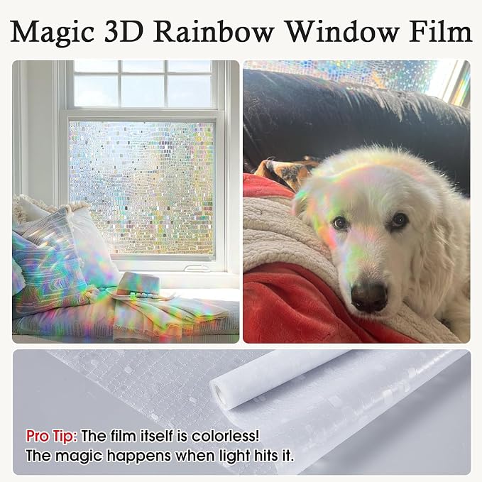 Windimiley Rainbow Window Privacy Film, 3D Stained Glass Christmas Decorative Window Clings, UV Heat Blocking Holographic Prism Stickers for Home(23.6 x 78.7In,Pure)