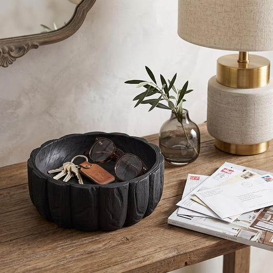 Decorative Wood Scalloped Bowl for Coffee Table Decor - Centerpiece Table Decorations for Home, Kitchen, Living Room, and Dining Room - Functional Bowl for Accessories, Candy, and Key - 4", Black