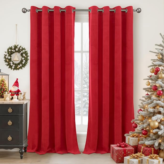 YoungsTex 90 Inch Red Velvet Blackout Curtains, Thermal Insulated Drapes with Grommet Room Darkening for Bedroom Living Room Privacy, 2 Panels, 52 X 90 Inch