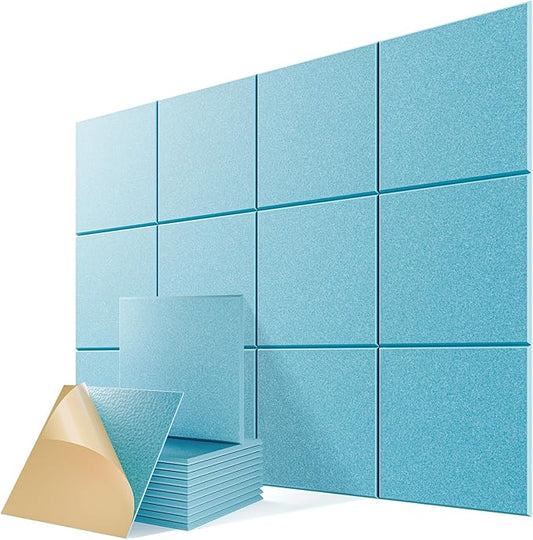 12 Pack Self-Adhesive Acoustic Panels, 12" X 12" X 0.4" High-Density Sound Proof Foam Panels for Walls, Soundproof Wall Panels for Home & Office (Aqua Blue)
