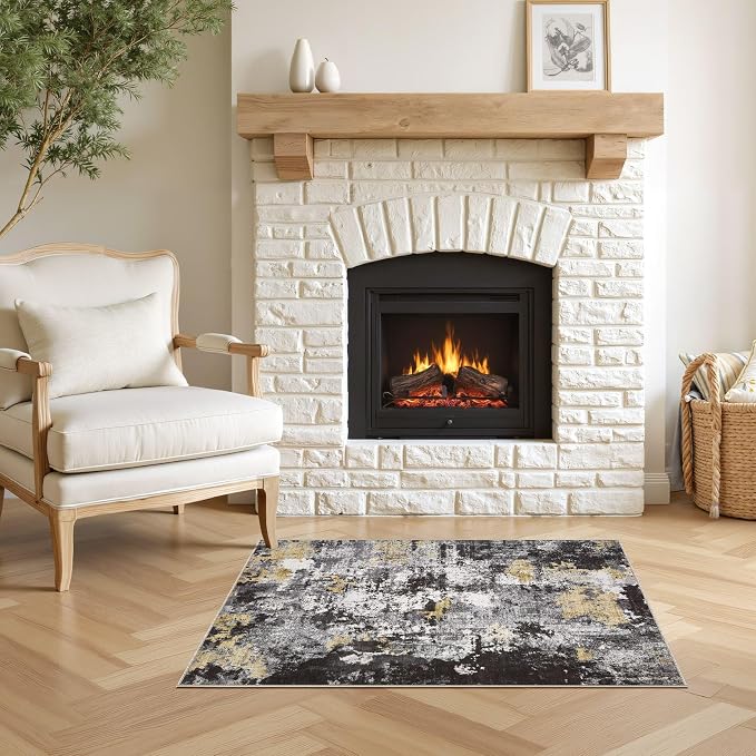 Abstract 2x3 Area Rug: Machine Washable Non Slip Ultra Thin Low-Pile Carpet, Soft Stain Resistant for Entryway Kitchen Bathroom, Kid Pet Friendly, Robot Vacuum Compatible - Black Gold