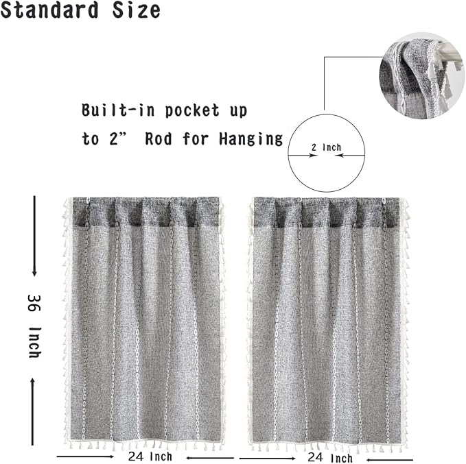 RoomTalks Dark Gray Boho Farmhouse Kitchen Curtains 36 Inch Length French Striped Modern Vintage Chic Textured Tassel Charcoal Short Cafe Curtains for Small Window Kitchen Bathroom Decor