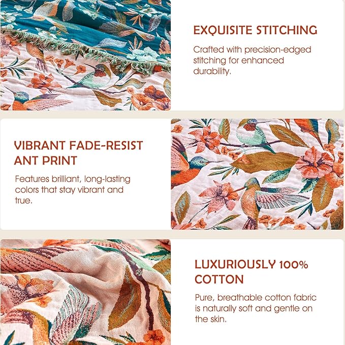 Boho Throw Blanket - 90"x108" 100% Cotton Ultra Soft Lightweight Spring Blanket, 4-Layer Breathable Muslin Blankets for Bed Couch, Reversible Blue Floral Bird Printed Bohemian Cotton Quilt