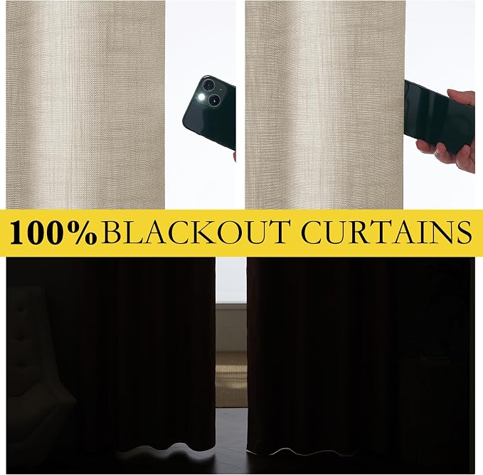 NICETOWN Taupe 100% Blackout Linen Curtains 63 inch Long Burg, Farmhouse Thick Completely Blackout Window Treatment Panels Thermal Insulated Drapes for Living Room (1 Pair, 52" Width Each Panel)