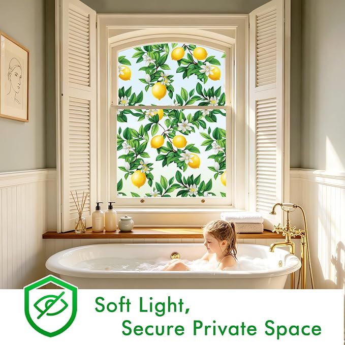 SOMWISE Frosted Glass Window Privacy Film with Tools, Heat Blocking, Anti-UV, Anti-Glare, Static Cling, Decor for Home Bathroom Door, Renter Friendly, Removable, Reusable, Yellow 17.5Inchx78.5Inch
