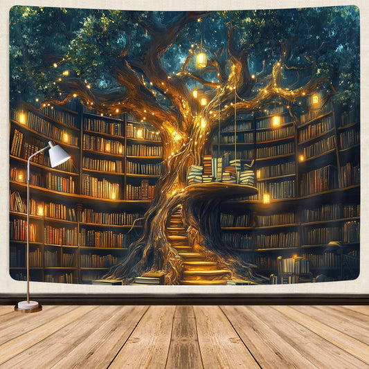 GOAOK Fantasy Library Tapestry For Classroom, Mysterious Tree Magic Bookshelf Aesthetic Tapestries, Witchy Fairytale Tree Vintage Bookshelf Book Art Tapestry Wall Hanging College Room Bedroom, 80"X60"