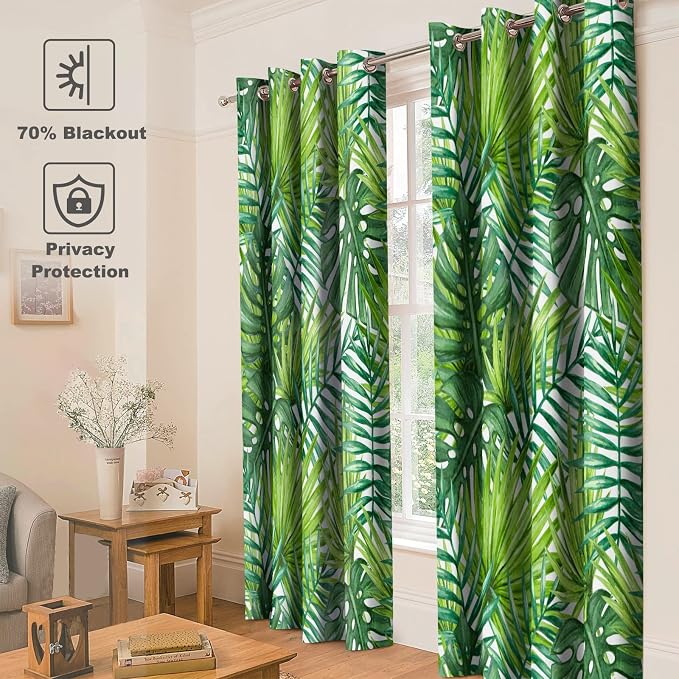 Jekeno Banana Leaf Blackout Curtains - Room Darkening Window Drapes Summer Palm Tree Green Banana Leaf Print Decor Home Bedroom Living Room Grommet Window Drapes 2 Panel Set, 52"x63"