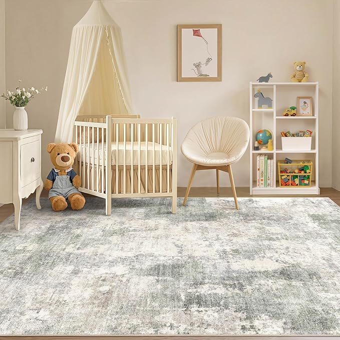 Tortania Washable 8x11 Area Rug for Living Room: Modern Abstract Neutral Large Soft Thin Rugs - Non Slip Indoor Carpet for Bedroom Dining Room Office Nursery Home Floor Decoration - Gray Green
